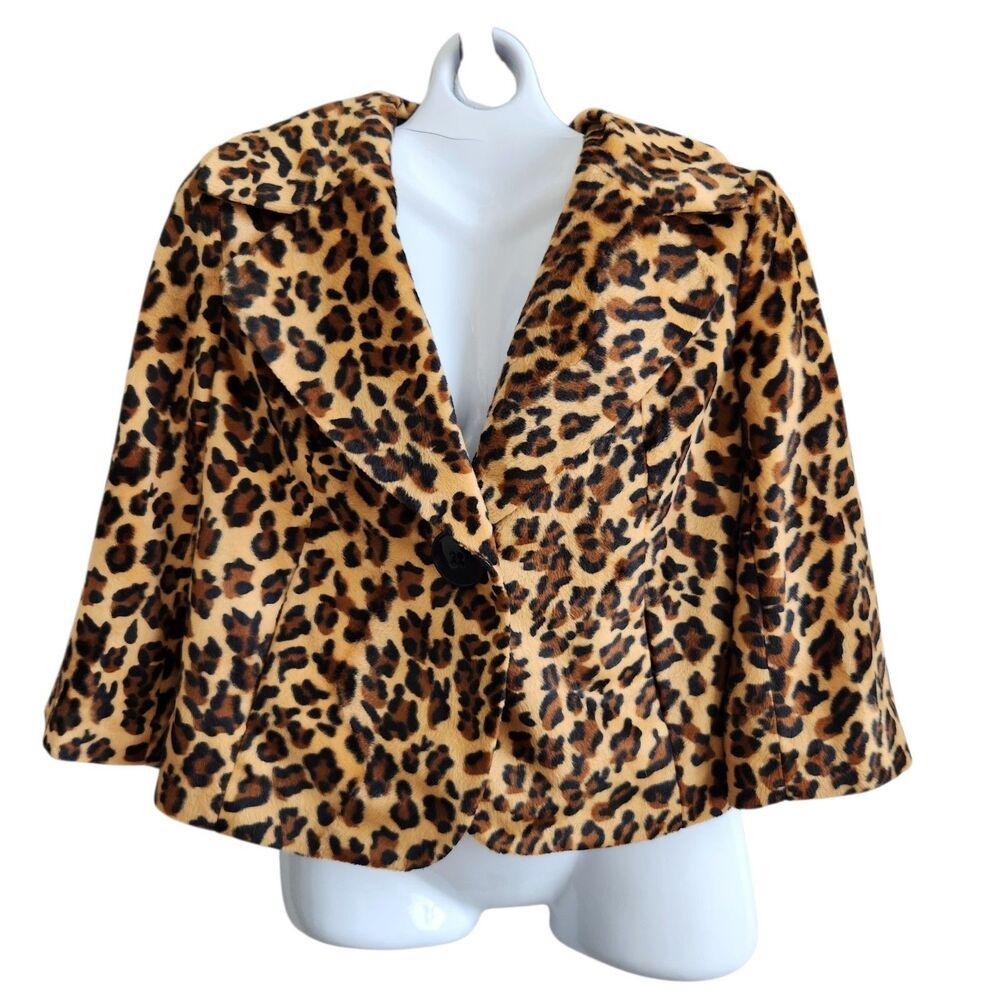 Halogen Leopard Faux Fur Mob Wife Swing Cropped Jacket M Retro Glam Chic Stretch
